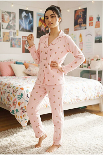 Siyah İnci Pink Tulip Patterned Bürümcük-Krınkıl Long Sleeve Buttoned Pajama Set 7931