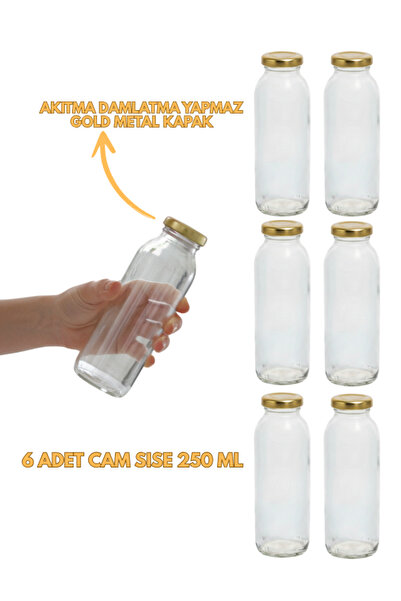 Milea 6 Adet Smoothie Şeffaf Meyve Suyu, Meşrubat, Limonata Şişesi Gold Kapaklı Boş Cam Şişe 250 ml
