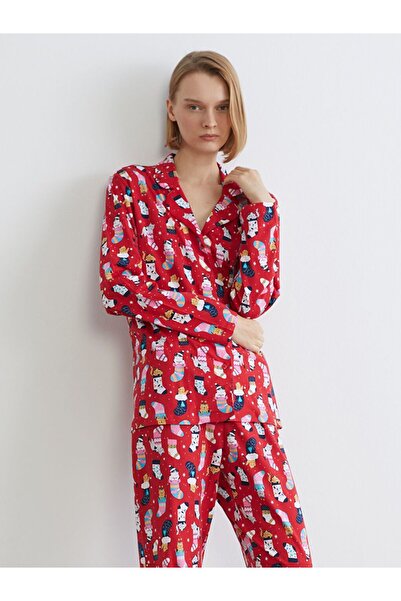 LC Waikiki Gömlek Yaka Yılbaşı Temalı Kadın Pijama Takımı