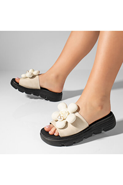 Modlet.ro Women's beige thick-sole slides with floral print MOD11434