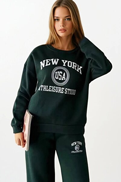 VAGGON Women's Green Printed Oversized Sweatshirt and Wide Leg 3 Thread Tracksuit Set Vs01403