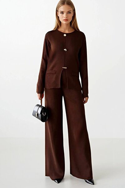 VAGGON Women's Brown Button Detailed Long Sleeve Fit Blouse and High Waist Pants Knitwear Set Vs01400