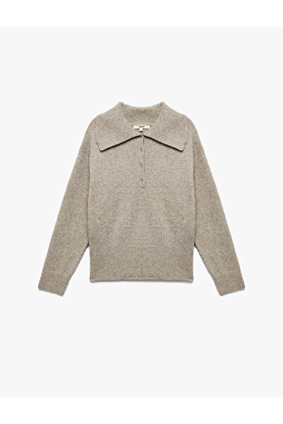 Koton Regular Fit Uzun Kollu Yarım Düğme Detaylı Geniş Polo Yaka Triko Kazak