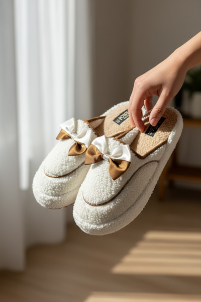 Adım Dünyası Kadın Beyaz Kahve Peluş Ev Terliği – Fiyonklu, Rahat Kalıp, Kışl...