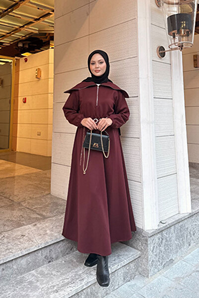 LOCCO Women's Front Zipper Dress Burgundy