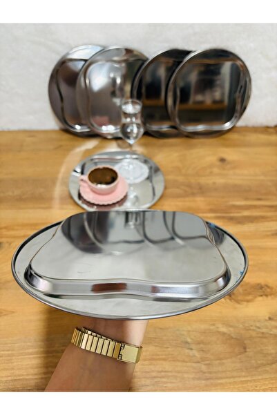 BİMOTE 6'lı Paslanmaz Çelik Gümüş Yuvarlak Kare Çay, Kahve, Pasta Servis Tepsisi Dekoratif Sunum Tepsi