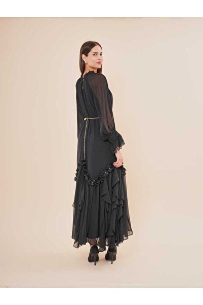 SERPİL Volan ve Çiçek Detaylı Şifon Uzun Elbise 50411