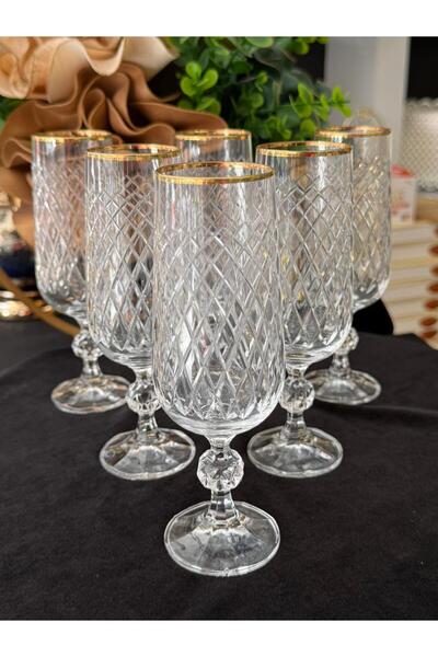 LOKMAN ZÜCCACİYE 6 ADET BOHEMİA KRİSTAL KESME ALTIN YALDIZLI KAHVE YANI SU BARDAĞI KADEH (180ML)
