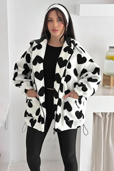 aytenli Oversize S XL ye Kadar Uyumlu Standart Kapüşonlu Astarlı Kalpli Cepli Fermuarlı Teddy Pelüş Mont