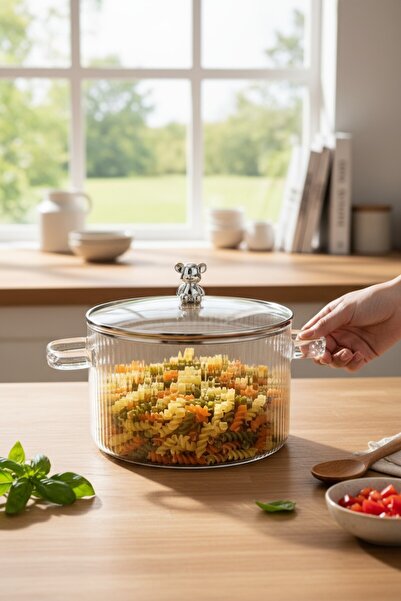 VANCKEY Heat Resistant Borosilicate Glass Pot with Silver Teddy Bear Figure |   Teddy Bear Figured Stovetop Pot