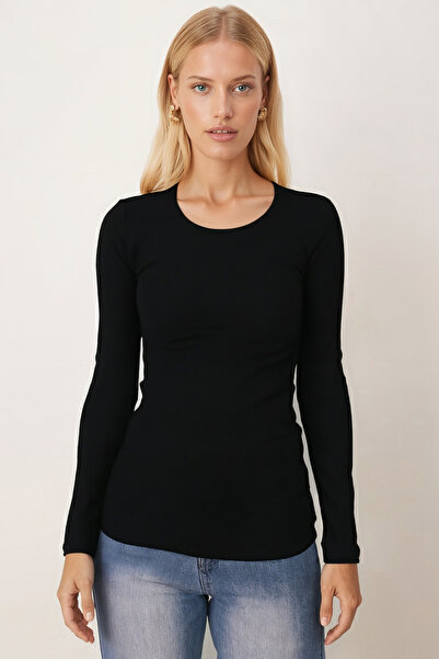 armonika Women's Black Crew Neck Long Sleeve Body Blouse Arm-26K135008