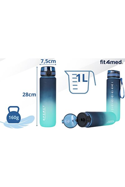 shumee Sports water bottle 1l with measuring cup for fitness gym, leak-proof