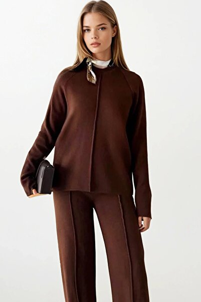 VAGGON Women's Bitter Brown Shawl Detailed piped Blouse and Palazzo Pants Knitwear Set Vs01404