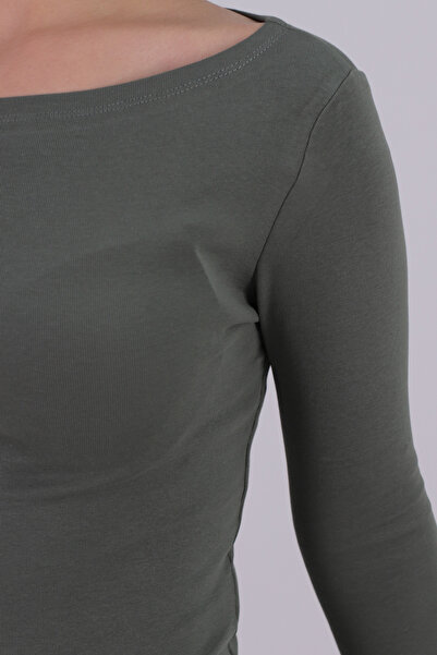 armonika Women's Khaki Boat Neck Long Sleeve Body Blouse Arm-26K135013