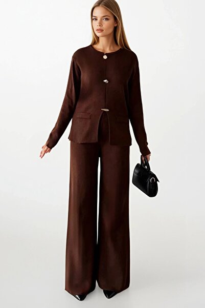 VAGGON Women's Brown Button Detailed Long Sleeve Fit Blouse and High Waist Pants Knitwear Set Vs01400