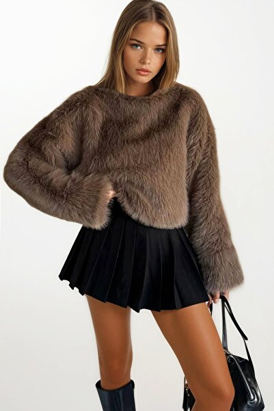 VAGGON Kadın Kahverengi̇ Yumuşak Dokulu Uzun Kollu Oversize Kürk Sweatshirt Vs01405