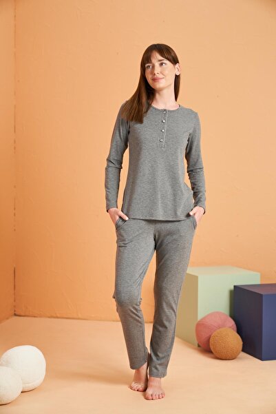 PJS Women's Patchwork Round Neck Long Sleeve Pajama Set