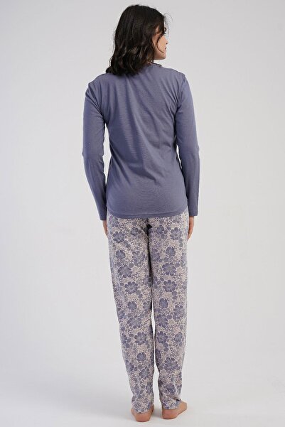 VİENETTA Women's Plus Size Smoked Long Sleeve Crew Neck Floral Print Bottom Pajama Set C5T4N3305