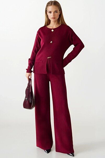 VAGGON Women's Burgundy Button Detailed Long Sleeve Fit Blouse and High Waist Pants Knitwear Set Vs01400