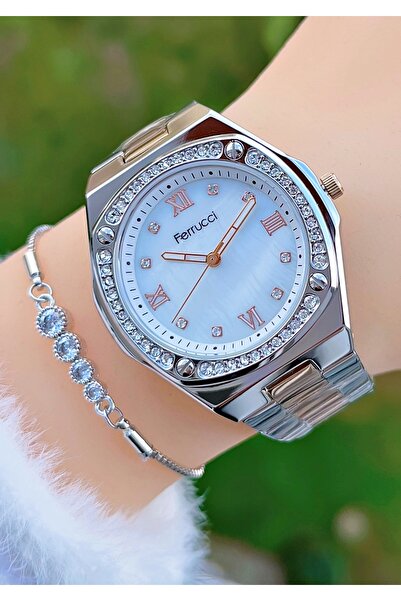 Ferrucci White Color Dial Zircon Stone Women's Wristwatch with Bracelet Gift