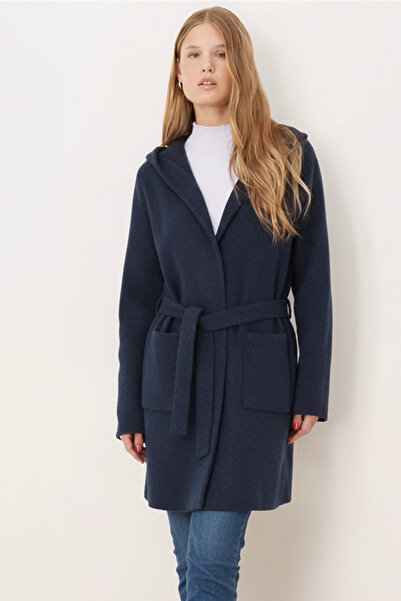 armonika Kadın Koyu Mavi Beli Kuşaklı Cepli Kapüşonlu Oversize Kaşe Kaban ARM-26K001025