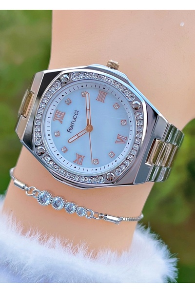 Ferrucci White Color Dial Zircon Stone Women's Wristwatch with Bracelet Gift