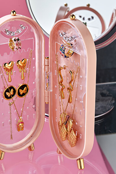 espashome Takı Aksesuar Standı – Yüzük, Kolye, Küpe Katlanabilir Seyahat Organizeri - Pembe