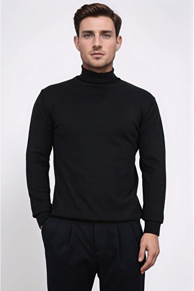 Velvarde tam balıkçı siyah triko kazak