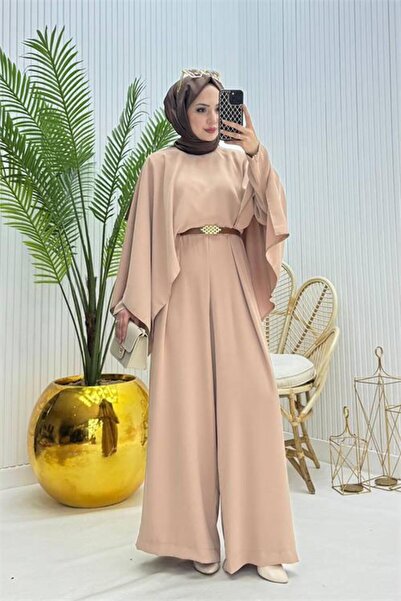 Dipmoda kadın pelerinli kemer detaylı tesettür tulum DPNMS061