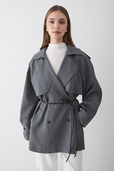 JASTE Kadın Antrasit Kruvaze Yaka Astarlı Kemer Detaylı Trençkot