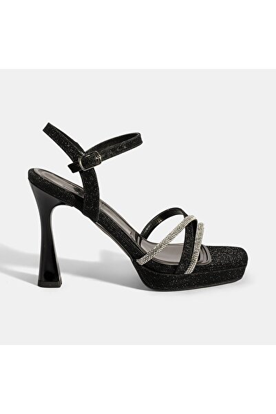 Desa Women's Black Adjustable Buckle Stone Heeled Evening Dress Sandals