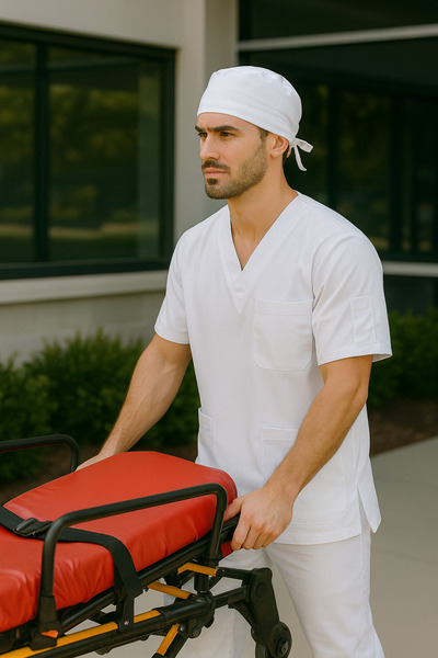 mirach Set of 2 Men's Emergency Paramedic Workers Medical Uniform Single Top Scrubs White Surgical Cap with Gift