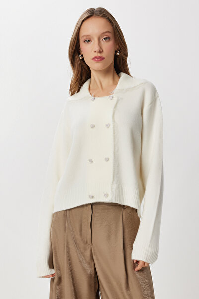 Lovelyİstanbul Lace Detailed Buttoned Knitwear Cardigan Lki̇0050 Ecru
