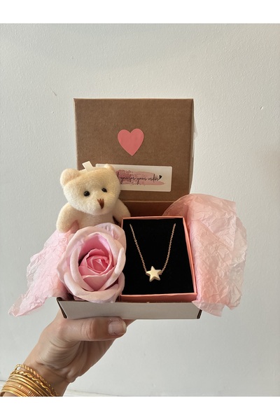 DeNors Yıldız Kolye Gül Kutusu – Ayıcıklı Hediye Seti