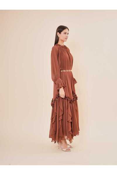 SERPİL Volan ve Çiçek Detaylı Şifon Uzun Elbise 50411