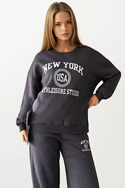 VAGGON Women's Anthracite Printed Oversized Sweatshirt and Wide Leg 3 Thread Tracksuit Set Vs01403