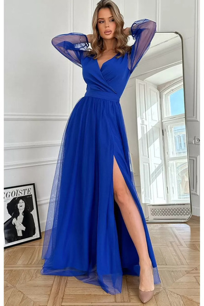 MADAM Rochie lungă din crep din tul cu mâneci lungi pentru femei, cu centură în talie, decolteu petrecut în V piese, pentru ocazii speciale și rochie de seară