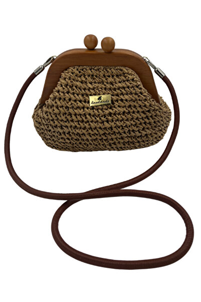 Wowolayn el örgüleri Kahverengi Ahşap Burslu İnce Deri Askılı Çanta (Kraft)