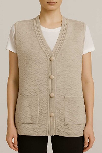 restinatriko Kadın Düğmeli Triko Anne Yeleği Büyük Beden Cepli Rahat Kesim