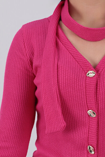 armonika Women's Fuchsia V-Neck Front Button Shawl Detail Soft Textured Cardigan Arm-26K001032