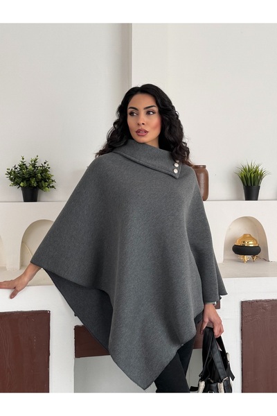 moda biz Women's Stylish Designed Gray Poncho with Button Detail on the Collar