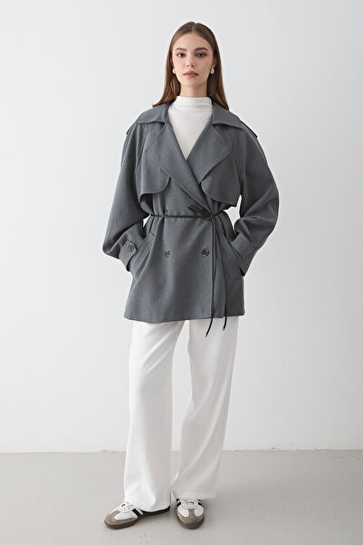 JASTE Kadın Antrasit Kruvaze Yaka Astarlı Kemer Detaylı Trençkot