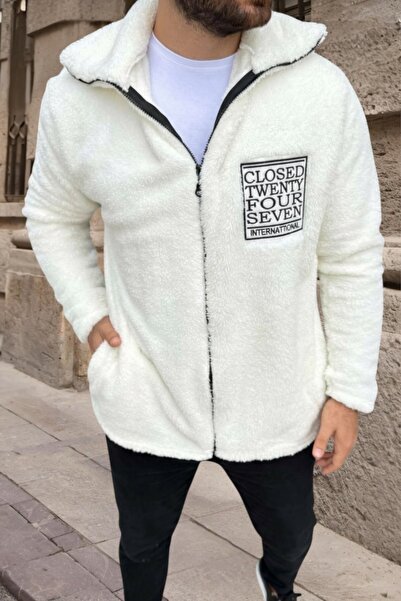 BİRBEYSTORE Plush Cardigan Unisex Model with Pockets Comfortable Fit Mock Neck White