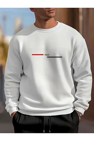 ship master Paris cu imprimeu Swea tricou pentru bărbați/unisex – alb, detaliu roșu, gât rotund, mânecă lungă