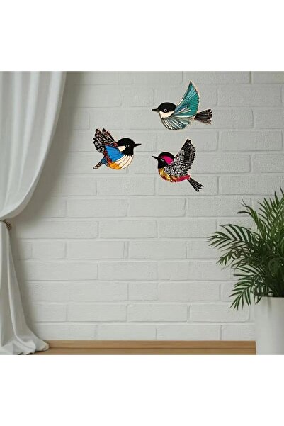 CajuArt Üçlü Ahşap Canlı Renk Kuş Serçe Duvar Dekoru Tablo Süs