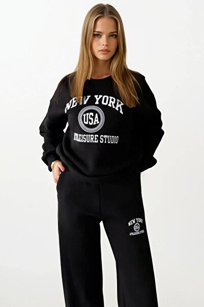 VAGGON Women's Black Printed Oversized Sweatshirt and Wide Leg 3 Thread Tracksuit Set Vs01403