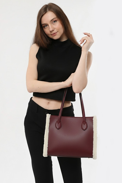 Luvenis Geantă mare cu umăr și mână, cu detalii din lână de culoare burgundă