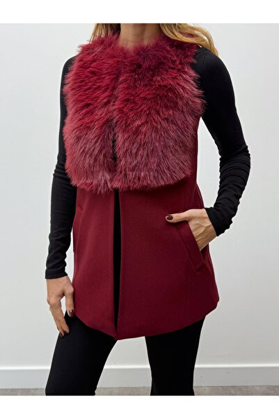 Maldia Shop Women's Fur Detailed Cashmere Burgundy Vest