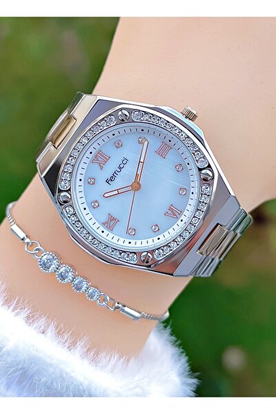 Ferrucci White Color Dial Zircon Stone Women's Wristwatch with Bracelet Gift
