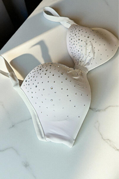 embody Ladies Two Piece Swimsuit Set with appliqué on bra, Diamond White y9129